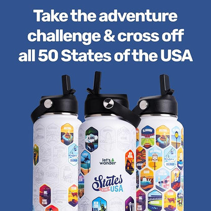 LET'S WANDER 50 States Water Bottle with Waterproof Stickers - 32oz Leakproof Insulated Stainless Steel with Straw - States of the USA Gift Bottle (White)