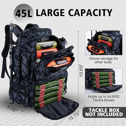 Goture Fishing Backpack,900D Water-Resistant Tackle Backpack with Rod Holders,45L Large Fishing Bag Storage Gear Tackle Bag with Rain Cover,Bottle Holder for Travel Camping Hiking(Without Tackle Box)