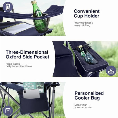 HIGH POINT SPORTS Oversized Camping Folding Chair, Heavy Duty Portable Outdoor Chair, Foldable Camp Chair with Cup Holder and Cooler Bag Support 450 LBS, 2 Pack, Dark Blue