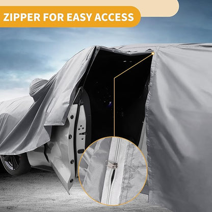 Universal Car Cover Waterproof All Weather 190T-PU, UV Sun Rain Protection, Fits for SUV Length 182"-190", with Left Side Zipper, Silver Tone