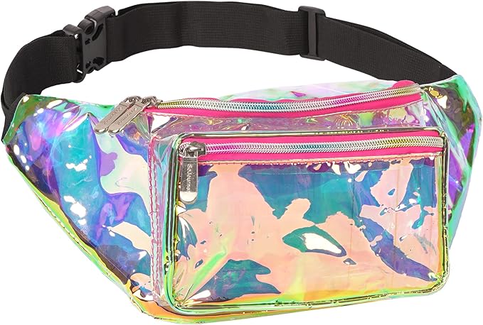 Holographic Clear Fanny Pack Belt Bag | Waterproof fanny pack for Women - Crossbody Bum Waist For Halloween costumes, Hiking, Running, Travel and Stadium Approved (Pink)