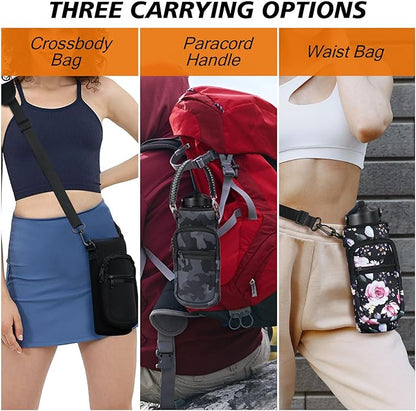 32/40/64/128 oz Neoprene Insulated Water Bottle Carrier Bag, Sling Bag Sleeve Pouch Holder with Strap & Paracord Handle and 2 Pocket for Travelling, Hiking, Camping