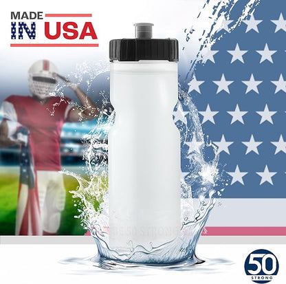 50 Strong Sports Water Bottles – Reusable 22 oz BPA-Free Plastic Bottles with Pull Top Cap – Made in USA – Top Rack Dishwasher Safe – Fits Most Bike Cages Brand