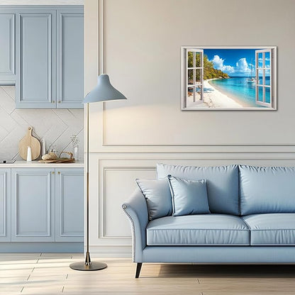 ANRUOXI Beach Wall Art, Window Frame Style Canvas Wall Decor Ocean, Blue Sea & Tropical Palm Tree Coasts Boats Canvas, Paradise Scenery Nature Landscape Painting for Living Room Office Home 24x36 Inch