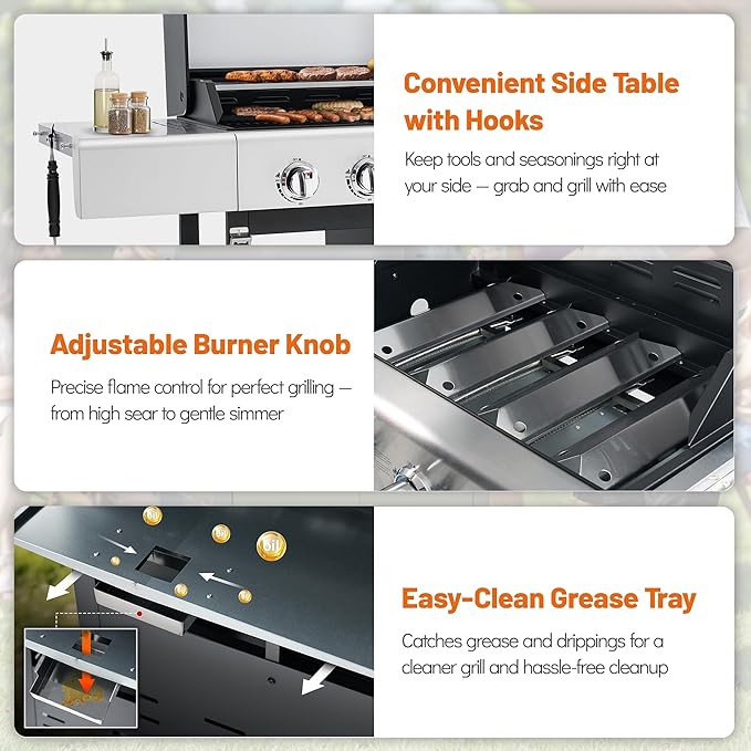 5-Burner Propane BBQ Grill with Side Burner, Each Main Burner 10,000 BTU, 50,000 BTU Total, Stainless Steel Outdoor Gas Grill, Porcelain Cast Iron Grates, Lockable Wheels for Backyard & Patio