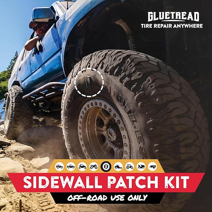 GlueTread Full-Size 4x4 Sidewall Tire Repair Kit | Sidewall Tire Patch Kit Puncture Repair Kit for Off-Road 4x4 Vehicles | Improved Rubber Formula No Accelerator Needed 10 Minutes Curing Time
