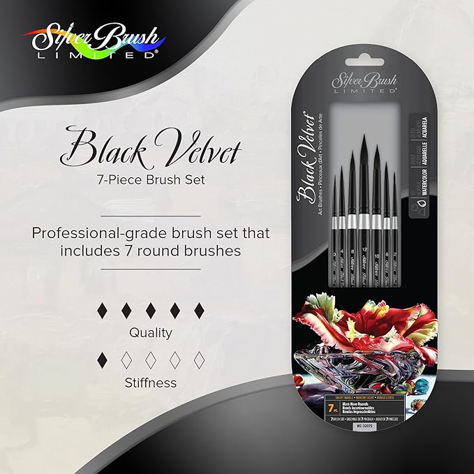 Silver Brush Limited WC-3207s Black Velvet Must-Have Rounds Set, Paintbrushes for Watercolor, Gouache, Inks, & Dyes, Set of 7, Sizes 0, 2, 4, 6, 8, 10, and 12 Round Brushes, Short Handle