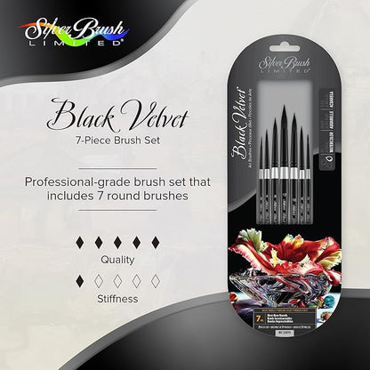 Silver Brush Limited WC-3207s Black Velvet Must-Have Rounds Set, Paintbrushes for Watercolor, Gouache, Inks, & Dyes, Set of 7, Sizes 0, 2, 4, 6, 8, 10, and 12 Round Brushes, Short Handle
