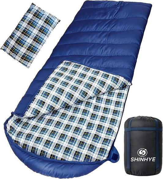ShinHye 0 Degree Sleeping Bag for Adults - Cotton Flannel 4 Season Cold Weather Winter, XXL Big and Tall Camping Sleeping Bag with Compression Sack