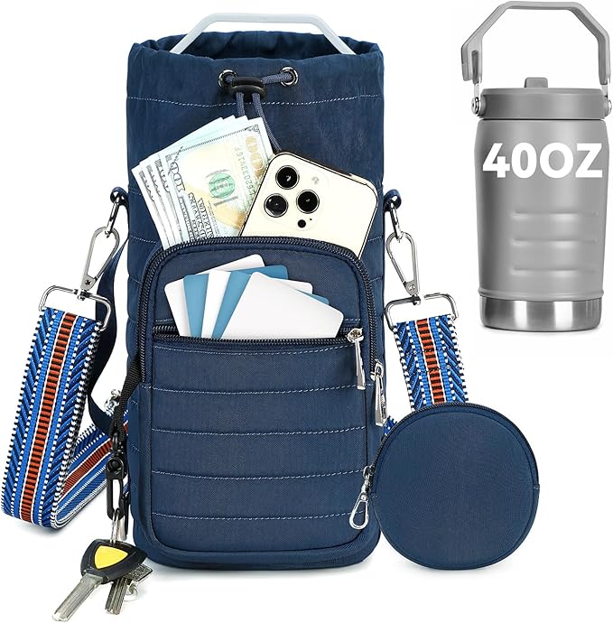 Water Bottle Carrier Bag with Strap, Sling Bag for Walking, Hiking, Cycling, Black, 40 Ounces