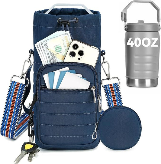 Water Bottle Carrier Bag with Strap, Sling Bag for Walking, Hiking, Cycling, Black, 40 Ounces