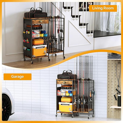 Homeiju Fishing Rod Holder, Fishing Pole Holders for Garage Boat Fishing Gear Storage with Drawer and Wheels, Holds 16 fishing rods for Home Entryway Corner,Rustic Brown
