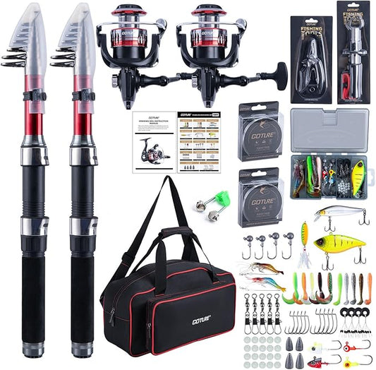 Goture Fishing Rod and Reel Combos-2PCS Telescopic Fishing Pole+2PCS Pre-Loaded Spinning Reels with Carrier Bag,1.8M-2.7M Telescopic Rod Reel Kit for Starter Travel Saltwater Freshwater,Gifts for Men