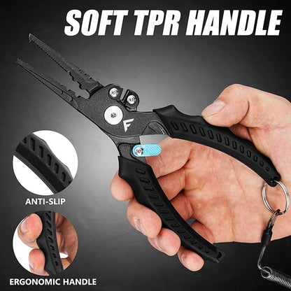 FLISSA 7-1/2 Inch Fishing Pliers, Safety Lock Design Fish Pliers Saltwater with TPR Handle, Stainless Steel hook remover with Braid Cutters, Sheath and Lanyard, Fishing Tool Gifts for Men