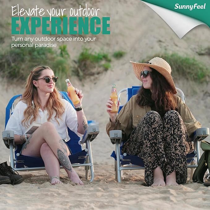 SUNNYFEEL Folding Beach Chair, Aluminum Heavy Duty Beach Chair with 3 Reclining Position, Portable Camping Chair for Adult, Low Back, Wood Armrest, Lightweight, 300lbs, Blue Stripe, 2 Pack