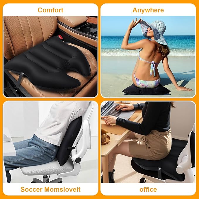 DAWNTREES Inflatable Seat Cushion, Lightweight, Waterproof, Suitable for Office/Home Chair Pad Support and Convenient Seat Cushion for Travel,Car,Outdoor Stadium and Camping,Black
