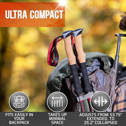 Pike Trail Trekking Poles - Lightweight Carbon Fiber Collapsible Sticks for Walking and Hiking - for Men and Women - Adjustable Height and Retractable Design - Carry Bag and Attachments Included