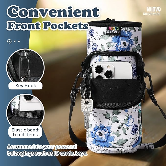 Nuovoware Water Bottle Carrier Bag,25oz/40oz/64oz Bottle Pouch Holder,Adjustable Shoulder Hand Strap 2 Pocket Sling Neoprene Sleeve Sports Accessories for Hiking Travelling Camping