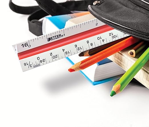 Better Office Products Triangular Ruler, 12 inch Metal Ruler, Triple Sided Color Coded, Imperial Scale Measurements, Drafting Ruler, Architect Ruler (2 Pack)