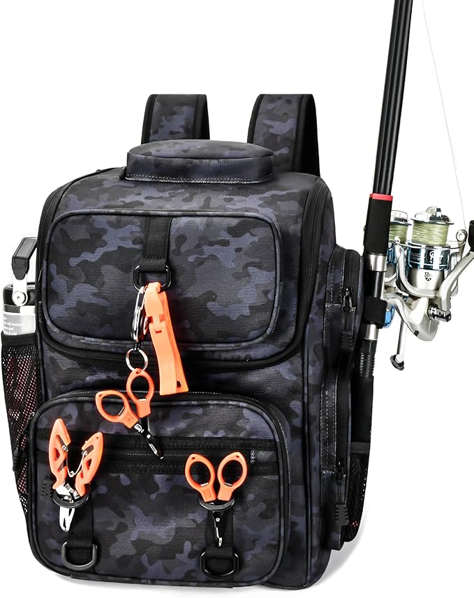 HowFly Fishing Backpack with Rod & Beverage Holders, Lightweight Fishing Tackle Bag Storage, Mens Waterproof Tactical Backpack for Fishing Gear