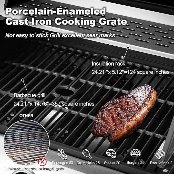 MELLCOM Upgraded 44,000 BTU Stainless Steel Burner Barbecue Grill, 4 Burner BBQ Propane Gas Grill with Side Stove & Cast Iron Grates for Patio, Camping, Outdoor Cooking