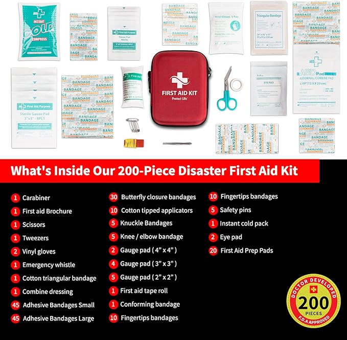 Protect Life Survival First Aid Kit for Home/Business, Camping Survival Kits | Mini Travel First Aid Kit | Camping Equipment | Small Kits for Car | Outdoor Emergency Survivals Pack - 200pcs