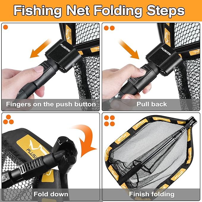 PLUSINNO Floating Fishing Net for Steelhead, Salmon, Fly, Kayak, Catfish, Bass, Trout Fishing, Rubber Coated Landing Net for Easy Catch & Release, Compact & Foldable for Easy Transportation & Storage