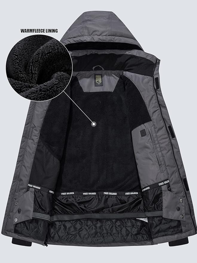 FREE SOLDIER Men's Waterproof Ski Jacket Fleece Lined Warm Winter Snow Coat with Hood Fully Taped Seams