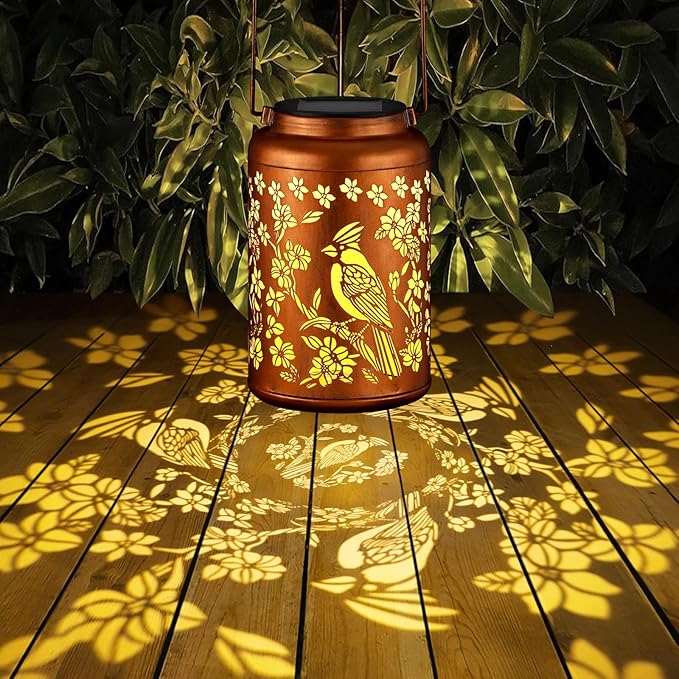 Cardinal Solar Lanterns Outdoor Waterproof Garden Decor Birthday Gifts for Women Mom Grandma Hanging Lights Metal Decoration Outside for Yard, Patio,Backyard,Porch(Red Bird)