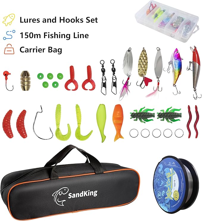 Fishing Pole Kit, Carbon Fiber Telescopic Fishing Rod and Reel Combo with Spinning Reel, Line, Bionic Bait, Hooks and Carrier Bag, Fishing Gear Set for Beginner Adults