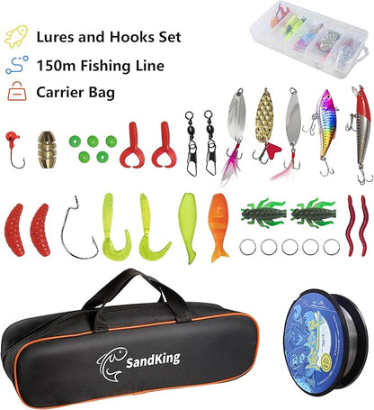 Fishing Pole Kit, Carbon Fiber Telescopic Fishing Rod and Reel Combo with Spinning Reel, Line, Bionic Bait, Hooks and Carrier Bag, Fishing Gear Set for Beginner Adults