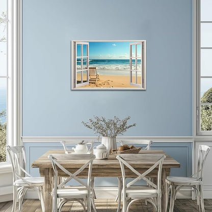 ANRUOXI Beach Wall Art, Blue Ocean Canvas Wall Decor, Beach Theme Window Frame Style Prints Blue Sea Painting, White Window Frame Style Seaside Nature Coastal Framed Artwork for Bathroom 24x36 Inch