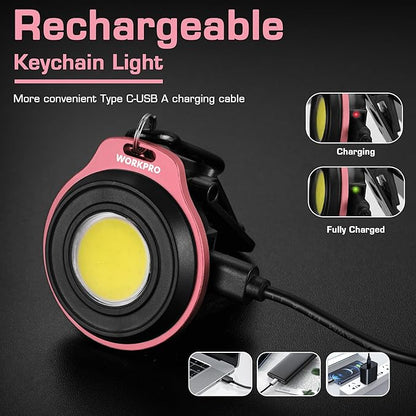 WORKPRO COB Keychain Work Light, Rechargeable Magnetic Keychain Flashlight, Mini Pocket Carabiner Flashlight with Hat Clip, 3 Light Modes Emergency Light for Camping, Hiking and Fishing, Pink Ribbon