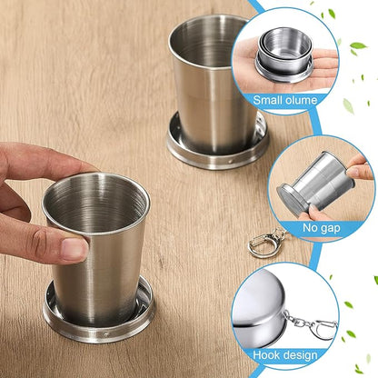 Tessco 6 Pieces Collapsible Shot Glasses Stainless Steel Collapsible Cup Reusable Portable Travel Folding Cup with Lid and Keychain for Camping Hiking Cycling(5 oz)
