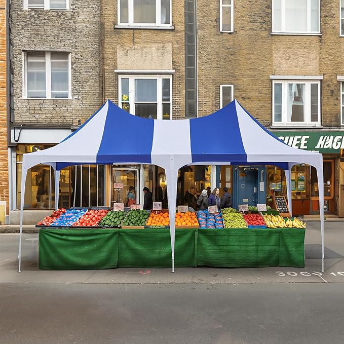 EROMMY 13x26ft Party Tent, Heavy Duty Double Peaked Canopy with Pole-Less Event Space, 60 Person Capacity Wedding Tent for Party & Event, White & Blue