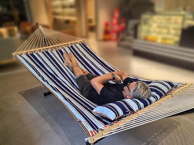 Double Hammock with Quilted Fabric and Spreader Bars,Longer and Sturdier,Quality Hammocks for Outdoor Indoor Patio Yard