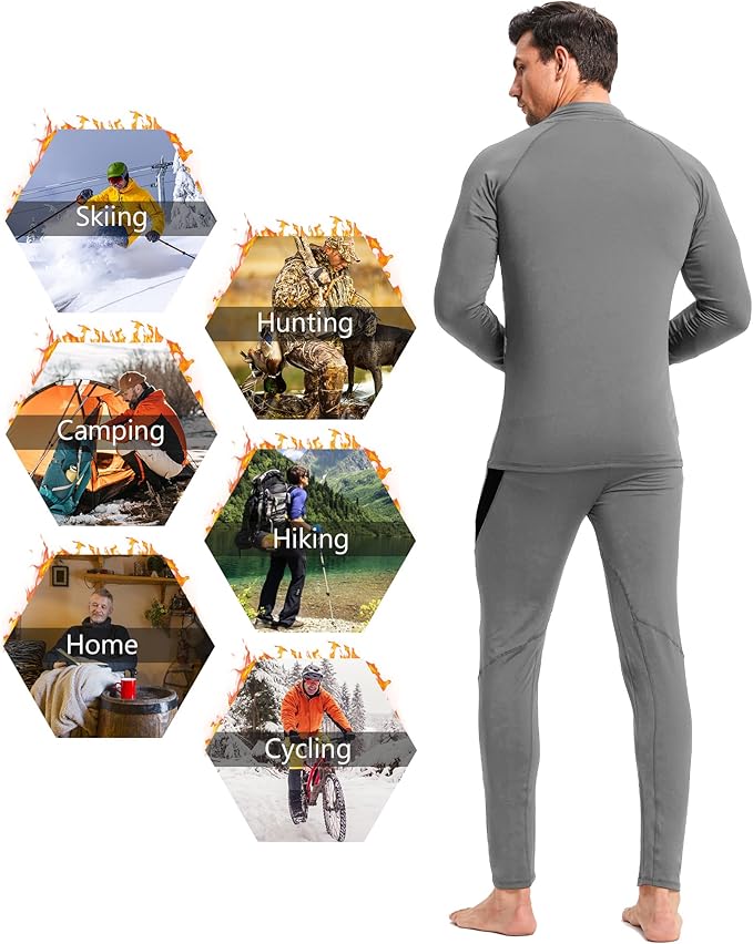 CL convallaria 2 Pack Mens Thermal Underwear Fleece Lined Long Johns Winter Base Layer Cold Weather Hunting Gear