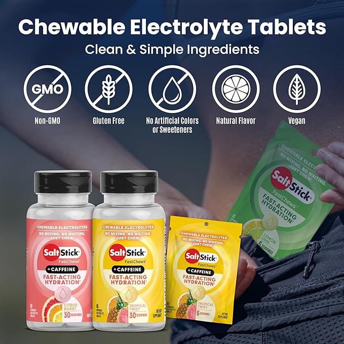 SaltStick Electrolyte FastChews with Caffeine - 60 Tropical Twist Chewable Tablets - Salt Tablets for Running and Hydration, Electrolyte Chews - 60 Count
