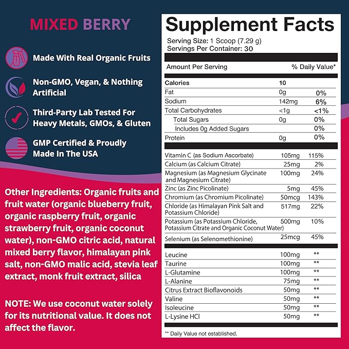 Real Hydration - Organic Fruit-Based Electrolyte Mix - Made with Organic Fruits & Pink Salt - Zero Sugar & Vegan - Hydration, Immune & Recovery Support (30 Servings, Mixed Berry)