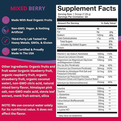 Real Hydration - Organic Fruit-Based Electrolyte Mix - Made with Organic Fruits & Pink Salt - Zero Sugar & Vegan - Hydration, Immune & Recovery Support (30 Servings, Mixed Berry)