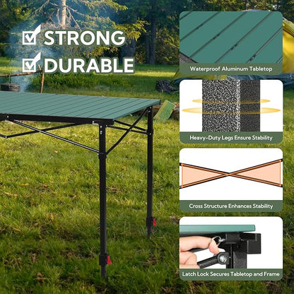 Portable Outdoor Adjustable Height Camping Table, Large for 2-6 Person, Foldable Roll-up Aluminum Camp Table with Carry Bag for Picnic, Camp, Sturdy, Stable, Loads 220 Lbs (Green)