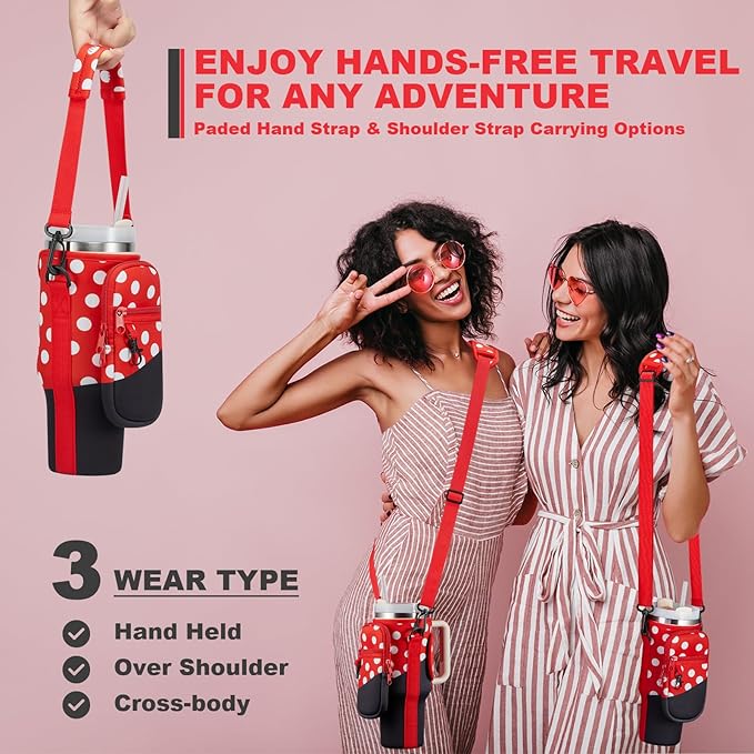 Water Bottle Carrier Bag with Phone Pocket for Stanley 40 & 30 oz Tumbler with Handle,Pink Insulated Neoprene Cup Holder Pouch w/Adjustable Strap for Quencher H2.0 Stanley Cup Accessories