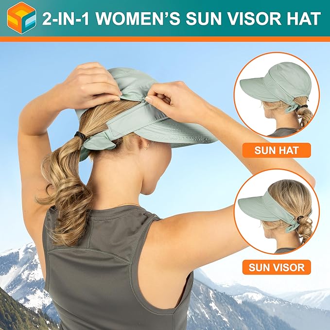 SUN CUBE Women Sun Hat for Outdoor UV Protection, Wide Brim Sun Hat Ponytail, Convertible Zip-Off Beach Hat Visor