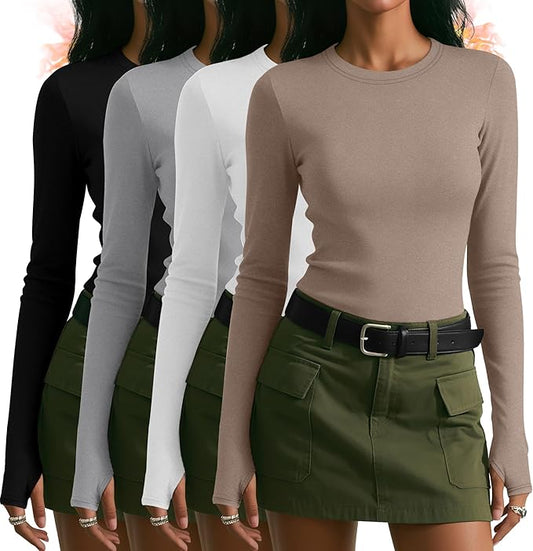 Neer 4 Pack Women's Fleece Thermal Long Sleeve Shirts, Thumb Holes Crew Neck Slim Fit Tops Warm Workout Basic Undershirt