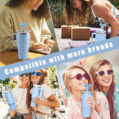 4Pcs Silicone Straw Toppers Covers for Stanley Cups 40/30oz 10mm(0.4in) Dust-Proof Bow Straw Covers Toppers Suitbale for Stanley Cup Accessories Reusable Straws Caps (Mist Blue)