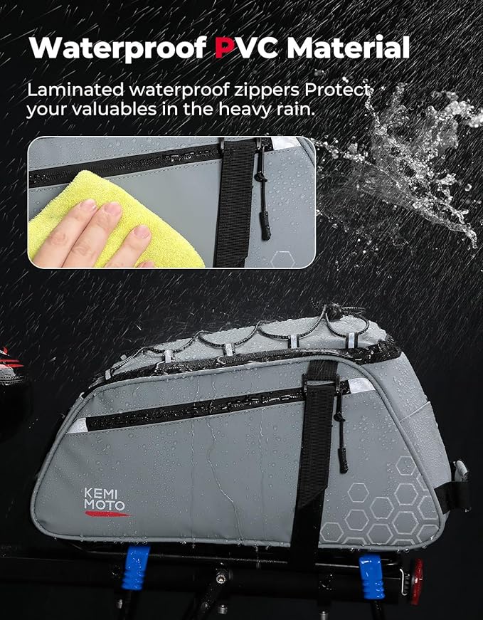 KEMIMOTO Rear Bike Rack Bag 11L, Water-resistant 3 IN 1 Bicycle Trunk Bag Cycling Luggage Saddle Shoulder Pack for Road Mountain Ebikes, Storage Backpack for Commuting, Shopping, Traveling, Grey