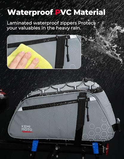 KEMIMOTO Rear Bike Rack Bag 11L, Water-resistant 3 IN 1 Bicycle Trunk Bag Cycling Luggage Saddle Shoulder Pack for Road Mountain Ebikes, Storage Backpack for Commuting, Shopping, Traveling, Grey