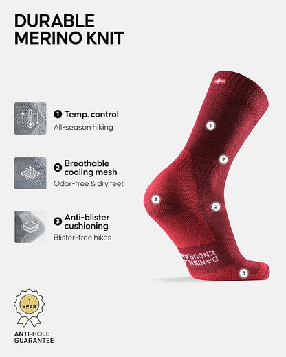DANISH ENDURANCE Merino Wool Hiking Crew Socks for Men & Women, Cushioned Anti-Blister, Breathable - 3 Pairs