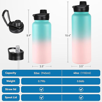 VEGOND 32 oz Insulated Water Bottle Bulk Stainless Steel Metal Water Bottles with Leak Proof Straw Lid & Spout Lid, Wide Mouth Double Walled Vacuum Travel Sports Bottle, 4 Pack