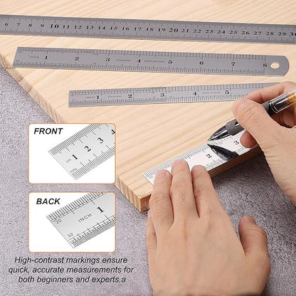 HARFINGTON 12 Pcs Steel Ruler 12" x1-1/32 Machinist Metal Ruler Carbon Steel Metric Straight Edge Measuring Tools 0.6mm Thick for Engineering Architect Drawing Home Office